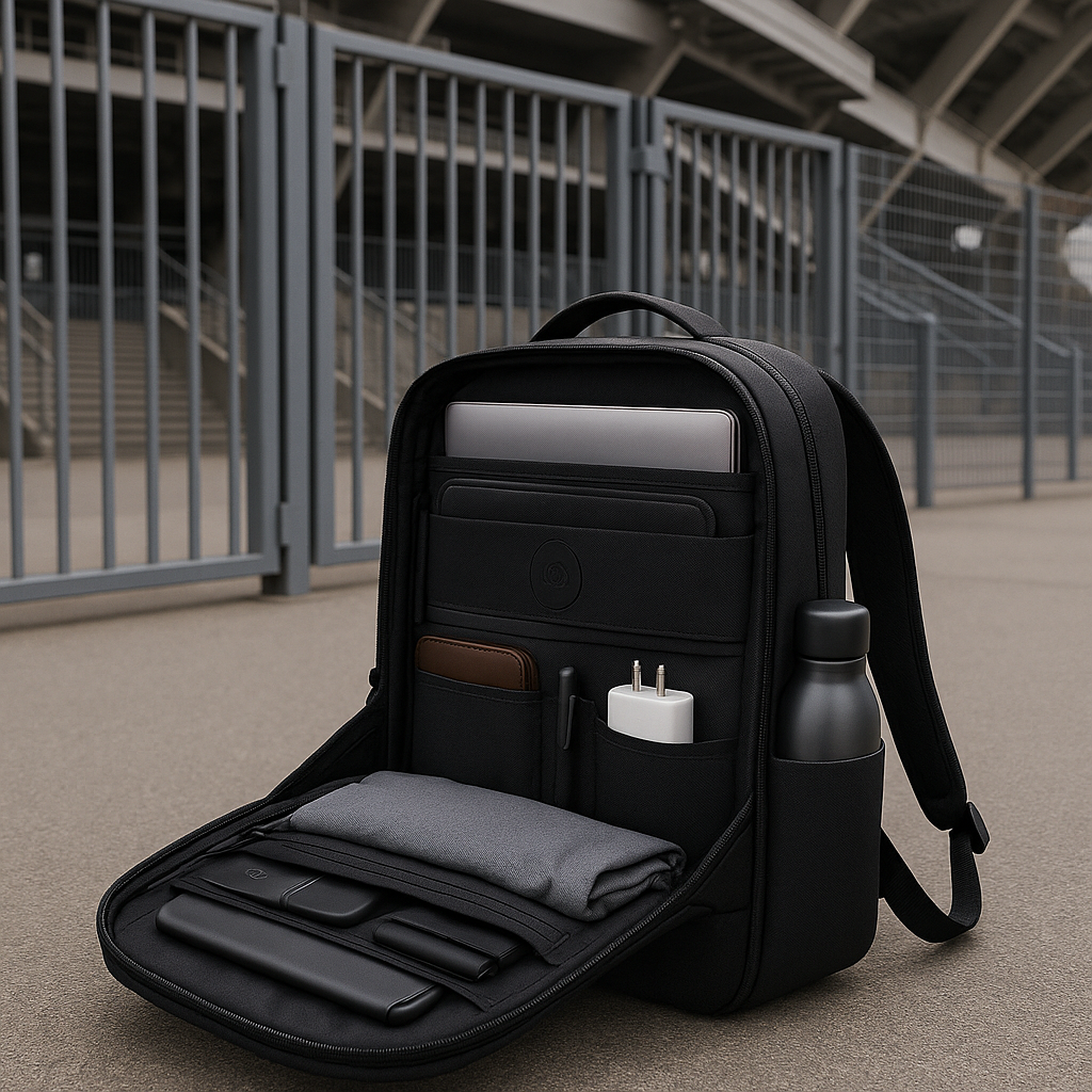 A sleek, compact travel bag positioned next to sta