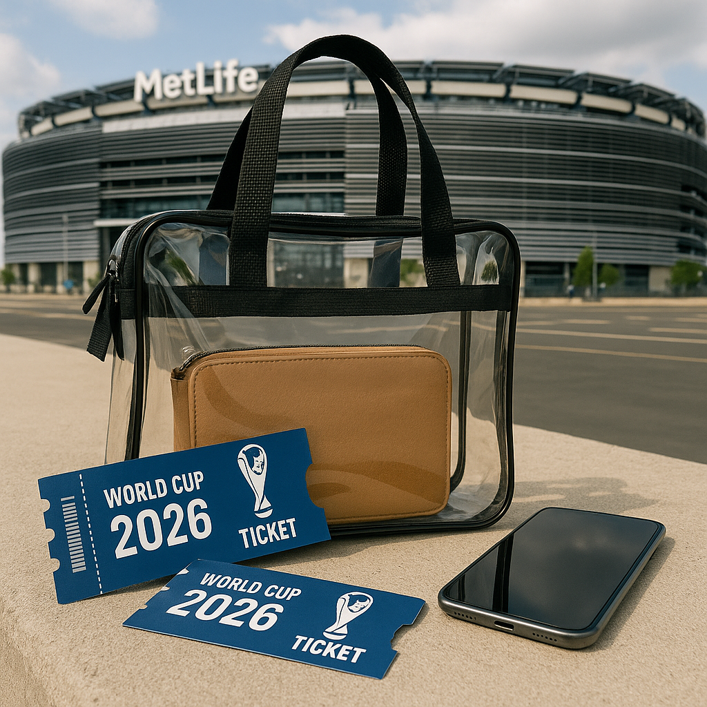 A stylish clear bag sitting beside stadium tickets