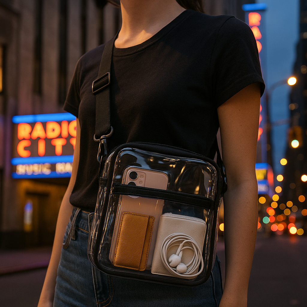 A stylish clear crossbody bag worn by a concert-go