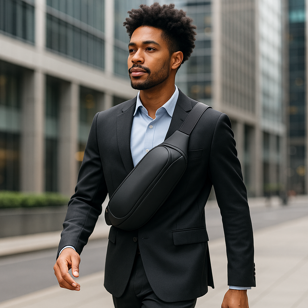 A stylish urban professional wearing a sleek ergon