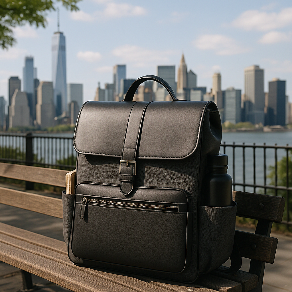 A stylish, well-organized bag resting on a New Yor