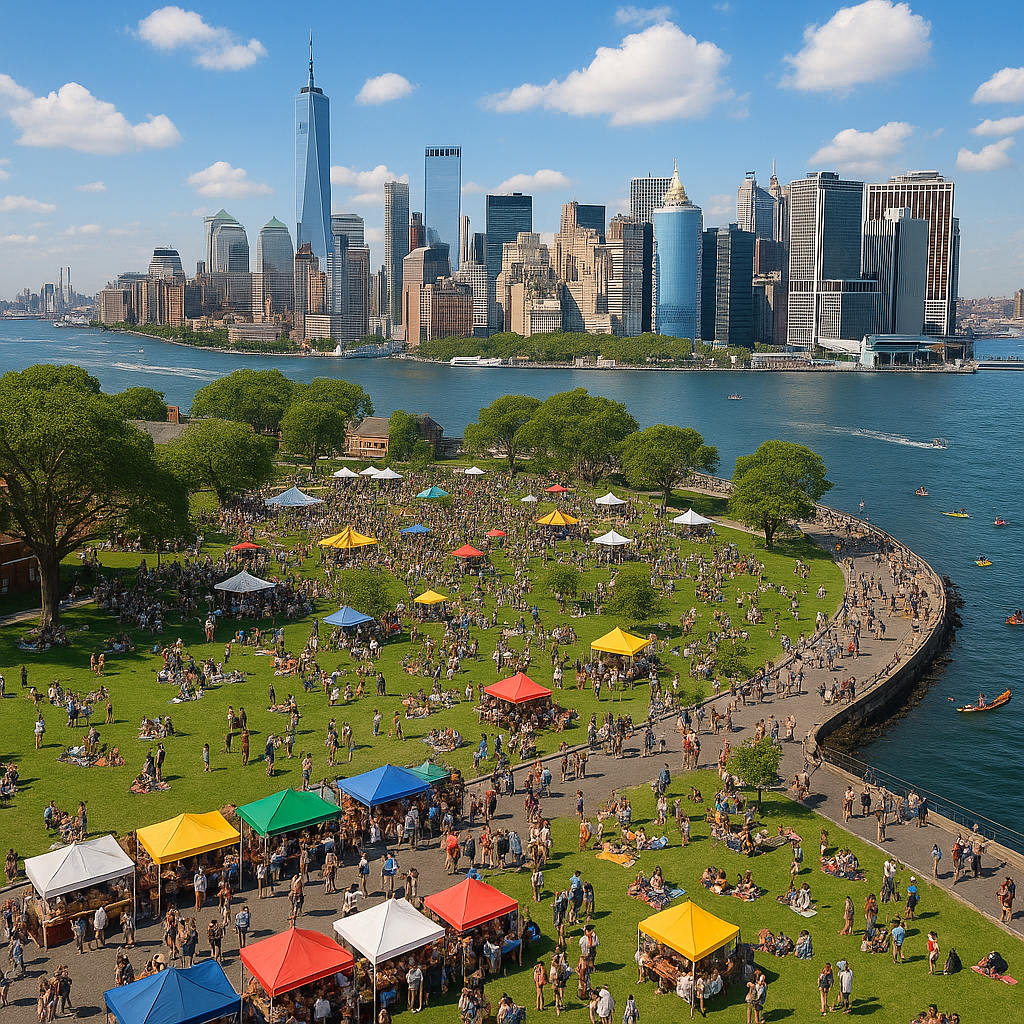 Vibrant aerial view of Governors Island in summer
